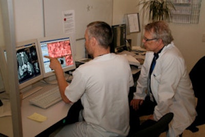 Radiologists discuss a case at Akershus University Hospital.