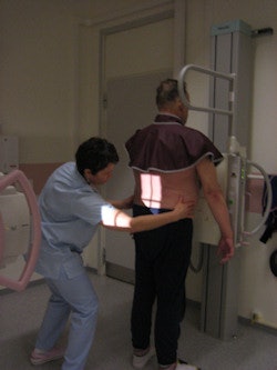 The radiographer's attention to imaging details, such as camber positioning, mAs, and kVp settings, have helped reduce radiation exposure during lumbar x-ray studies at the Haukipudas Health Center in northwest Finland. Image courtesy of Pöyskö Heli.