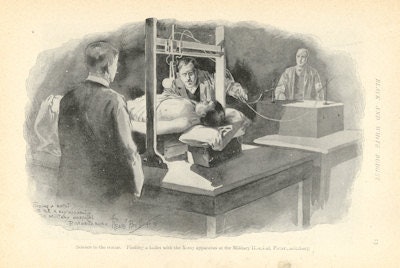 The illustration entitled 'Science to the rescue. Finding a bullet with the x-ray apparatus at the military hospital, Pietermaritzburg' is taken from the Black and White Budget of 1899. The dramatic image with the x-ray tube looking like a light bulb in the center above the patient shows the absence of both electrical and radiation protection that was characteristic of that time.