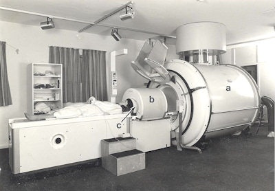 Figure 4: NMR scanner with cryogenic magnet at Hammersmith Hospital, dating from the early 1980s.