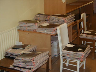 Life before PACS: Stacks of conventional films are ready for reporting.