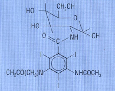 Above: Metrizamide (Amipaque) (Reproduced from Thomas and Grainger, 1999). Below: Metrizamide (Amipaque), Nyegaard & Co, Oslo, Norway.
