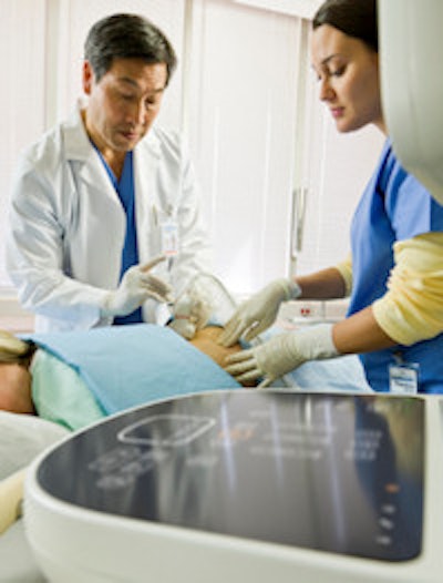 The Sparq ultrasound system supports precision needle insertion during a lumbar puncture procedure.