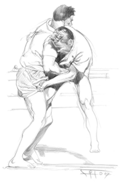 Canarian wrestling is a form of folk wrestling that originates in the Canary Islands, where it is known as Lucha Canaria. Wrestlers start in the middle of a sand circle, called terrero, and the object is to make their opponent touch the sand with any part of their body, except the feet. The rules were first laid down in 1872, making it one of the earliest defined forms of wrestling. All images courtesy of Dr. Alejandro de la Rosa Hernandez.