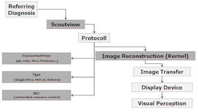Imaging chain: Schematic overview of all steps of a CT study. The gray boxes represent those which can be manipulated on the CT console.