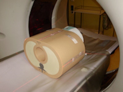 Anthropomorphic chest phantom for an adolescent. Direction-independent dosimeters were placed on each of the phantoms on several positions -- thyroid, upper and lower sternum, left and right anterior chest wall, bilateral on upper and lower lateral chest wall, as well as on the upper, middle lower spine.