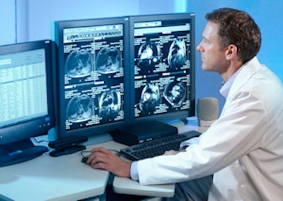 This three-monitor configuration, one for RIS and the other two for image review, optimizes reading delivery. Radiologists should be asked about shortcuts so that they can be shared with others. Image courtesy of McKesson.
