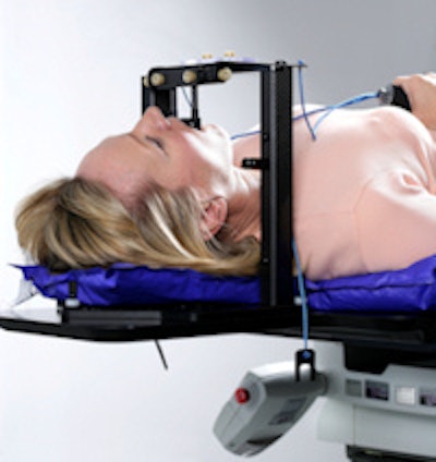 For proton therapy cases that require firm yet gentle head fixation, clinicians may want to use a vacuum-activated head frame system. This one has a mouthpiece with the patient's upper palate impression and solid vacuum bonding with the hard palate. All images courtesy of Elekta.