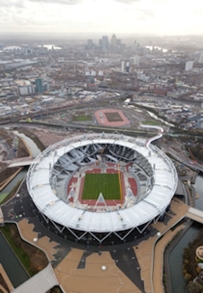 There are 135 days to go before the start of the London Olympics, and the finishing touches are being put on the new Olympic Stadium. The top ring of the stadium was built using surplus gas pipes. Construction began in May 2008 and was completed in April 2011. Image courtesy of LOCOG.