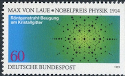 Two German postal stamps issued in 1979 to commemorate the birth of Max von Laue.