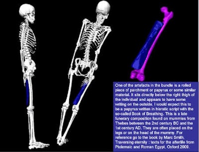 3D reconstruction of the mummy and papyrus role using Amira software. Images courtesy of and copyright of Elena Kranioti.
