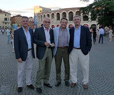 On the culture trail: Senior Spanish radiologists enjoy the atmosphere before attending an opera performance in Verona, Italy. From the left are: Dr. Luís Donoso Bach from Barcelona, Dr. Francisco Tardáguila Montero from Vigo, Dr. Luis Martí-Bonmatí from Valencia, and Dr. Eduardo Fraile Moreno from Madrid. All images courtesy of Dr. Fraile.