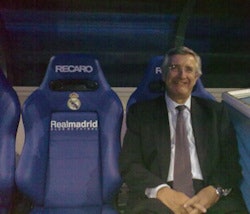 Fraile Moreno is a passionate fan of Real Madrid Football Club. He is shown here in the dugout at the club's home ground, the Estádio de Santiago Bernabéu, which is the third largest stadium in Europe and has a capacity of more than 80,000 seats.