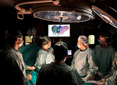 Surgeons analyze a segmented 3D CT dataset during a hepatic resection. Photo by Enzo Cei. All images courtesy of Dr. Davide Caramella.