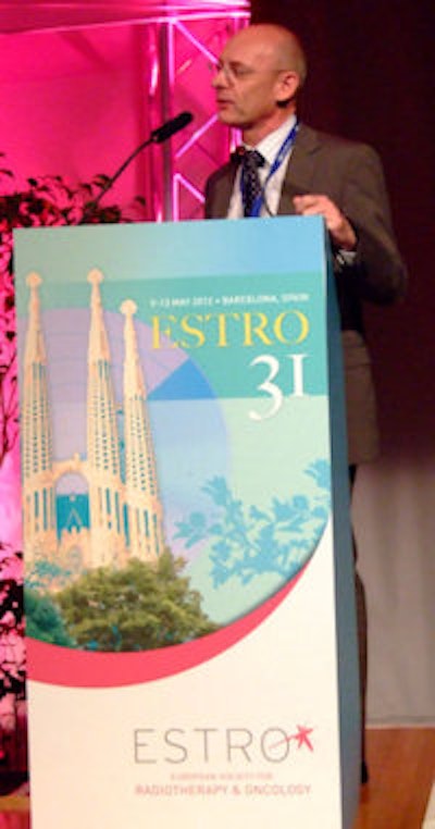 Oliver Jäkel, PhD, speaks at the ESTRO 31 meeting in Barcelona. Image courtesy of medicalphysicsweb.