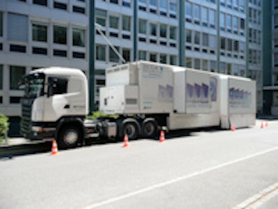 Mobile PET/CT units like this one in Geneva, Switzerland, are becoming more common sights. About 20 of them are now in operation across Europe. Image courtesy of Hôpitaux Universitaires de Genève (HUG).