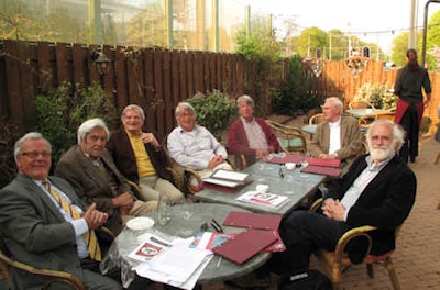 A meeting of the history committee of the Dutch Radiological Society in August 2011, including Dr. Kees Vellenga, Dr. Carl Puylaert, Dr. Gerd Rosenbusch, Dr. Peter van Wiechen, Dr. Joris Panhuysen, Dr. Hans Vermeij, and Dr. Kees Simon.