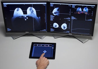 A context menu can be invoked with a one-finger, tap-and-hold motion. Users can then select the tool they want by sliding in its direction on the menu, and then removing the finger once the selected tool is highlighted. The circular context menu is shown on the iPad, as well as the main display screens to allow the users to keep their eyes on the main screens all the time.