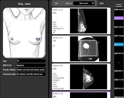 Patient overview screen on the iPad. Tapping and holding one of the thumbnails brings up a large image preview on the main monitors along with the report. All images courtesy of Markus Harz.