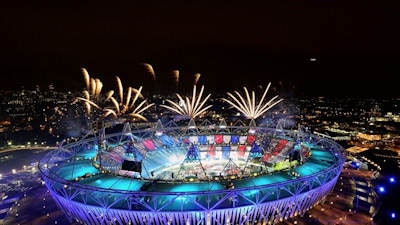 Fireworks are set off over the Olympic Stadium during the Opening Ceremony on 27 July. The closing ceremony takes place on Sunday evening, and the Paralympic Games will be held at the same venues from 29 August to 9 September. Image courtesy of London 2012.