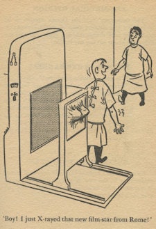 Fig. 3 (left): Inappropriate hands seen on a chest x-ray. Fig. 4 (right): An x-ray machine damaged by a well-developed female patient.