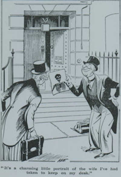 Fig. 1 (left): 'The wife and kids!' are a family of skeletons. Fig. 2 (right): The 'charming little portrait' of a radiologist's wife is a skeleton.