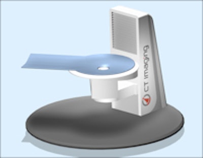Sketch of breast CT scanner. The patient is positioned prone, and only one breast is exposed and examined at a time. All images courtesy of Willi Kalender, PhD.