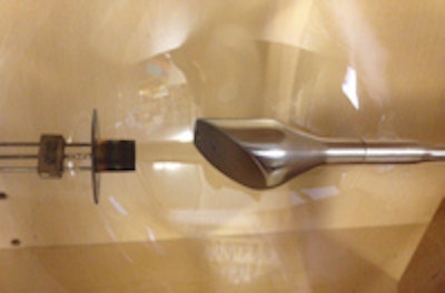 Spiral cathode (left) and tungsten anode (right). Note the elegant shape of the anode and the anode angle of 45° before the development of line focus.