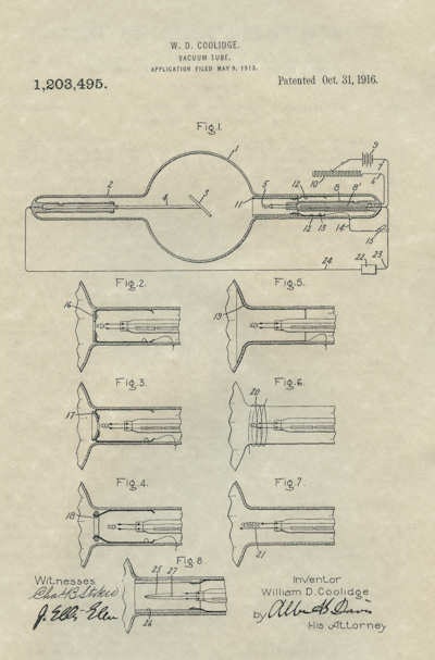 U.S. Patent No. 1,203,495 for a vacuum tube, inventor William D. Coolidge, application filed 9 May 1913.