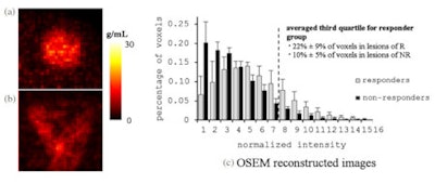 Example of FLT uptake in tumor of responding (a) and nonresponding (b) patients. Averaged activity distribution profiles in the primary lesion of responder and nonresponder patients, using OSEM reconstruction (c).