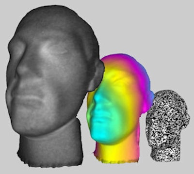 The image shows different versions of the head reconstructed by Sun et al. From the left, the first head is a 3D view of the grayscale image from the detectors. The second is the final reconstructed 3D head from a side view, while the third head shows the binary speckle patterns used by the group. All images courtesy of Sun et al, University of Glasgow/Science.
