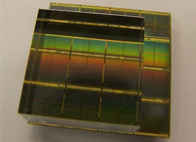 The 24 × 24 × 10-mm 0.2% Ca LSO:Ce monolithic scintillator coupled to nine dies (each comprising four pixels) of a dSiPM array used in the experiments. During measurements the crystal was wrapped in Teflon tape. All images courtesy of medicalphysicsweb.