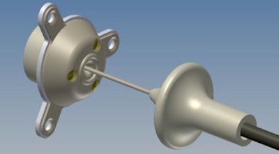 The implantable SonoCloud device is powered by an external generator via a transdermal needle connection.