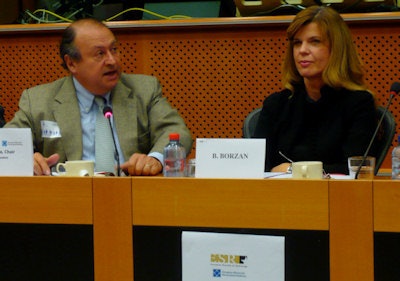 Flying the flag for radiology: ESR president Dr. Guy Frija joined Croatian MEP Biljana Borzan on the podium at the Brussels event.