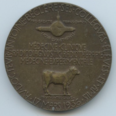 A commemorative medal from 1936. The International Society of Radiology still awards the Béclère Medal.