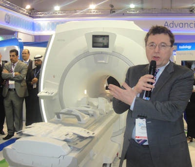 Richard Hausmann, president and CEO for MRI, introduced the new work-in-progress scanner at Arab Health 2014.