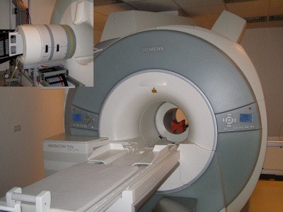 The BrainPET Insert (Siemens Healthcare) is placed inside the magnet bore of a clinical 3-tesla MRI scanner. Image courtesy of Armin Kolb.