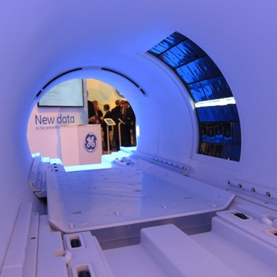 GE is showing ECR 2014 attendees the embedded PET detectors inside its work-in-progress PET/MRI scanner.