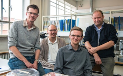 Aarhus University researchers, left to right: Thomas S. Sørensen, Niels Bassler, David C. Hansen, and Jørgen B.B. Petersen. Image credit: Michael Harder.