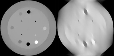 Dual modality reconstruction (DMR), (left) and proton CT (right) achieved improvements in stopping power accuracy over x-ray CBCT. These images were reconstructed using proton CT scans of the phantom that sampled two opposing 45° sectors.