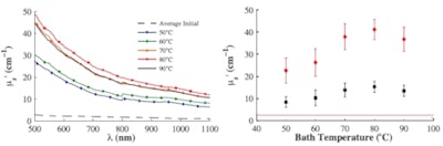 Left: Mean value of the steady state µ's of five samples as a function of temperature before (dashed line) and after bathing at 50° C (blue), 60° C (green), 70° C (orange), 80° C (red), and 90° C (black). Initial measurements were performed at room temperature. Right: Mean value of the steady state µ's of five samples measured at 550 nm (red) and 975 nm (black); solid lines represent average initial values.