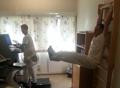 Walking for an hour or two a day can be beneficial, according to Algaard (on wall-bars), who suggests every large radiology department could purchase a treadmill to combat sedentary computer screen work.