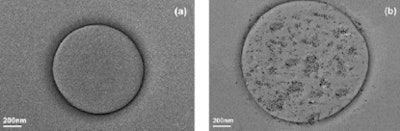 (a) Transmission electron microscopy (TEM) image of microbubbles without the addition of nanoparticles; (b) TEM image of an SPIO-MB.