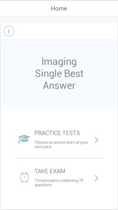 Imaging SBA allows users to take practice tests or a timed examination with 75 questions. All images courtesy of the British Institute of Radiology.