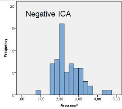 Results show that minimum lumen area is much larger for a lesion corresponding to a negative invasive angiography (above) versus the minimal lumen area for a positive invasive coronary angiography study (below). At the bottom, significance of results between positive and negative predictions.