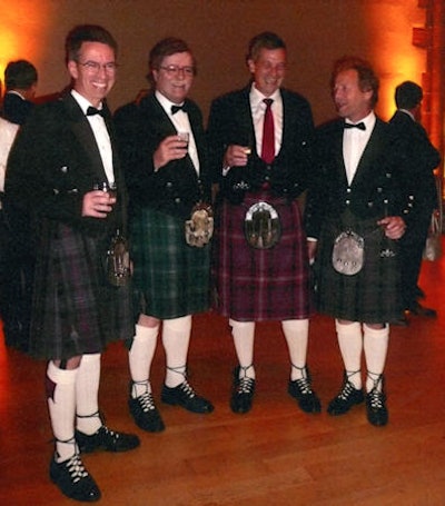 Board members of the European Society of Urogenital Radiology (ESUR) wear their tartan kilts with pride at the ESUR's annual meeting in Edinburgh, U.K., in 2012. From the left are Drs. Bernd Hamm, Lorenzo Derchi, Michel Claudon, and Nicolas Grenier.