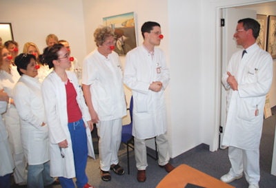 Red-nose radiology: Staff at the department enjoy a lighter moment with Hamm.
