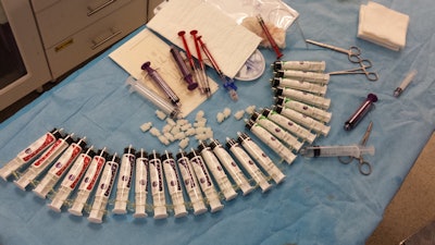 The range of materials used during a uterine fibroid embolization procedure. Photo courtesy of Dr. Jamal Al Koteesh.