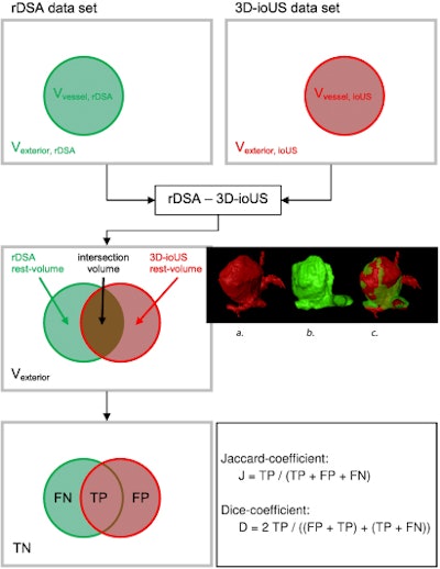 Pattern of the evaluation of registration results by overlapping the rDSA and the 3D-ioUS (TN: true negative, FN: false negative, TP: true positive, FP: false positive). All images courtesy of PLOS One (doi:10.1371/journal.pone.0121345.g006).