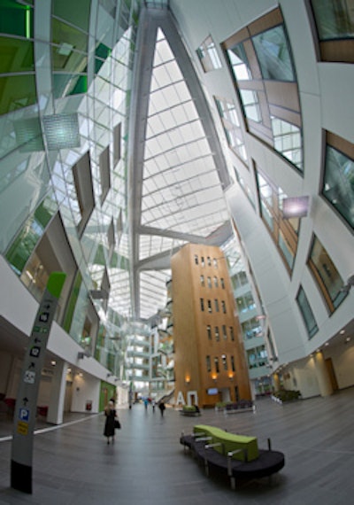 The impressive atrium of the Brunel Building at Southmead Hospital Bristol.